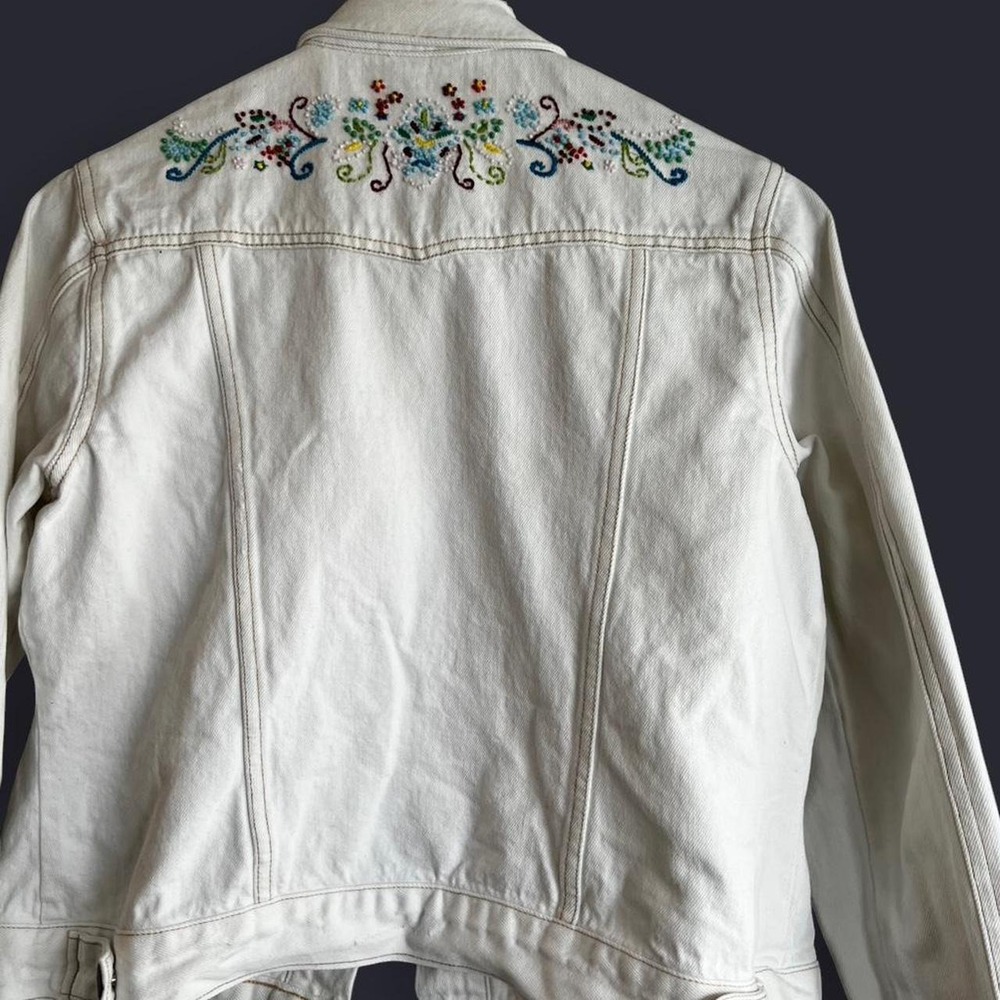 Distressed White Denim Jacket with Embroidery and Beaded Design Western Aztec